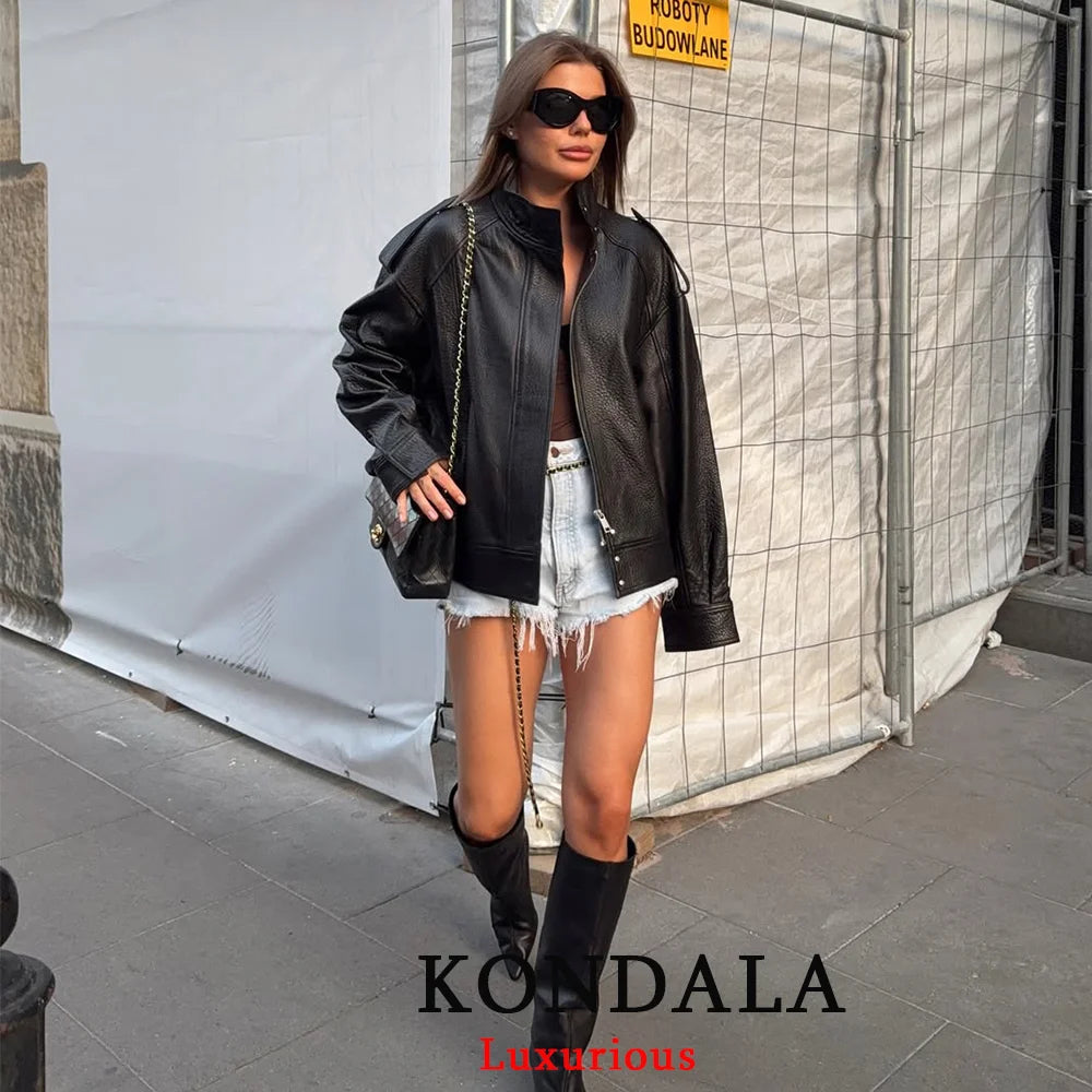 KONDALA Damen Schwarze PU Lederjacke Oversized – Casual Chic Streetwear Jacke mit Knöpfen & Taschen für Herbst 2026