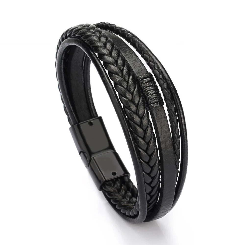 Herren Lederarmband mit Edelstahl & geflochtenem Design – Mehrlagiges Vintage Armband 21 cm für stilbewusste Männer