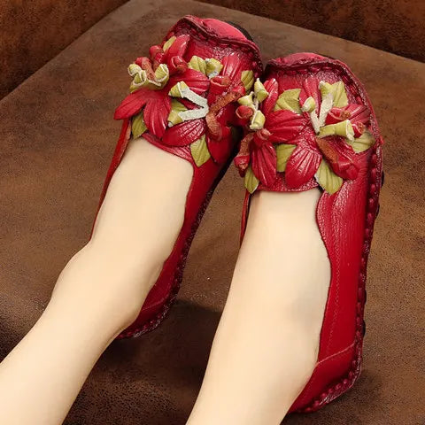 feerldi Damen Loafers – Handgefertigte Vintage Flats aus echtem Leder, Slip-On Mokassins, Retro Ballet Flats für Frühling & Herbst