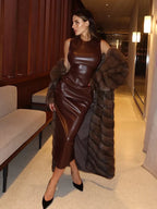 TARUXY Sleeveless Leather Maxi Dress For Women Tight Pleated Sexy Hip-Hugging Dress Vestido Solid High Waist Party Female Dress