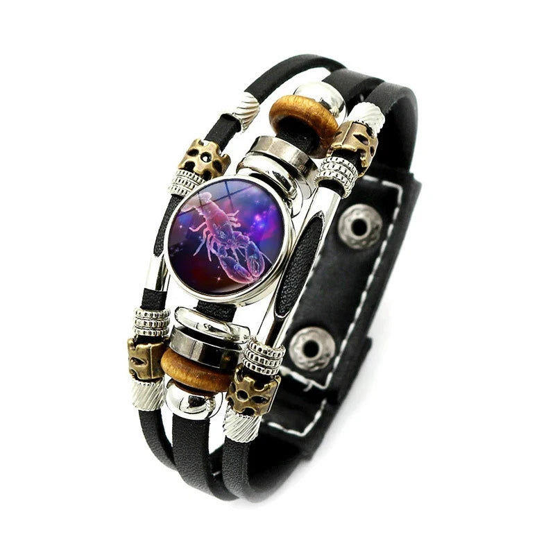 Sternzeichen Lederarmband mit Druckknopf – Zodiac Armband mit Glas-Cabochon für Damen & Herren, 12 Sternzeichen Unisex Schmuck