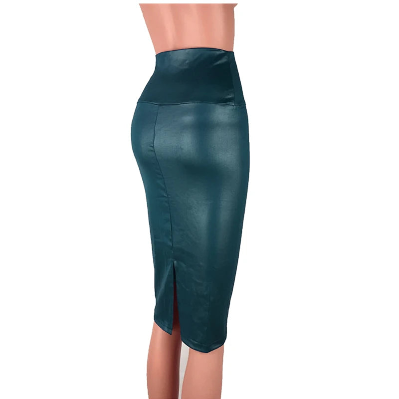 Damen Bleistiftrock aus Kunstleder mit Rückenschlitz – Eleganter High-Waist Pencil Skirt, knie­lang, Slim Fit für Office & Sommer
