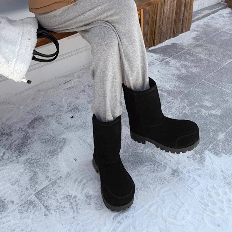 Damen Snow Boots mit dicker Plateausohle – Warme Winterstiefel aus Leder- & Felloptik, gefüttert & wasserdicht, auch in großen Größen