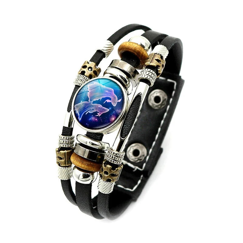 Sternzeichen Lederarmband mit Druckknopf – Zodiac Armband mit Glas-Cabochon für Damen & Herren, 12 Sternzeichen Unisex Schmuck