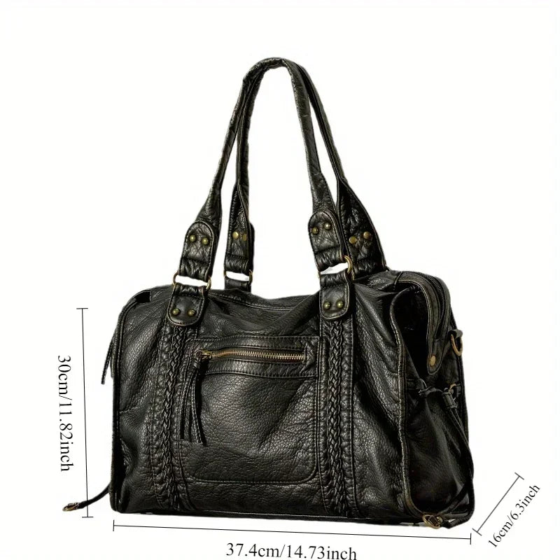 Schwarze Damen Tote Bag mit Flechtrand & goldenen Nieten – Elegante Arbeitstasche mit Front-Reißverschluss & Tragegriffen