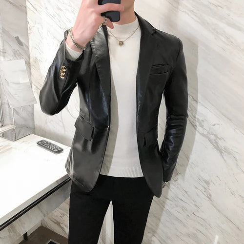 Herren Slim Fit Lederblazer Herbst – Casual Business PU Lederjacke, einfarbiger Streetwear Blazer für stilbewusste Männer