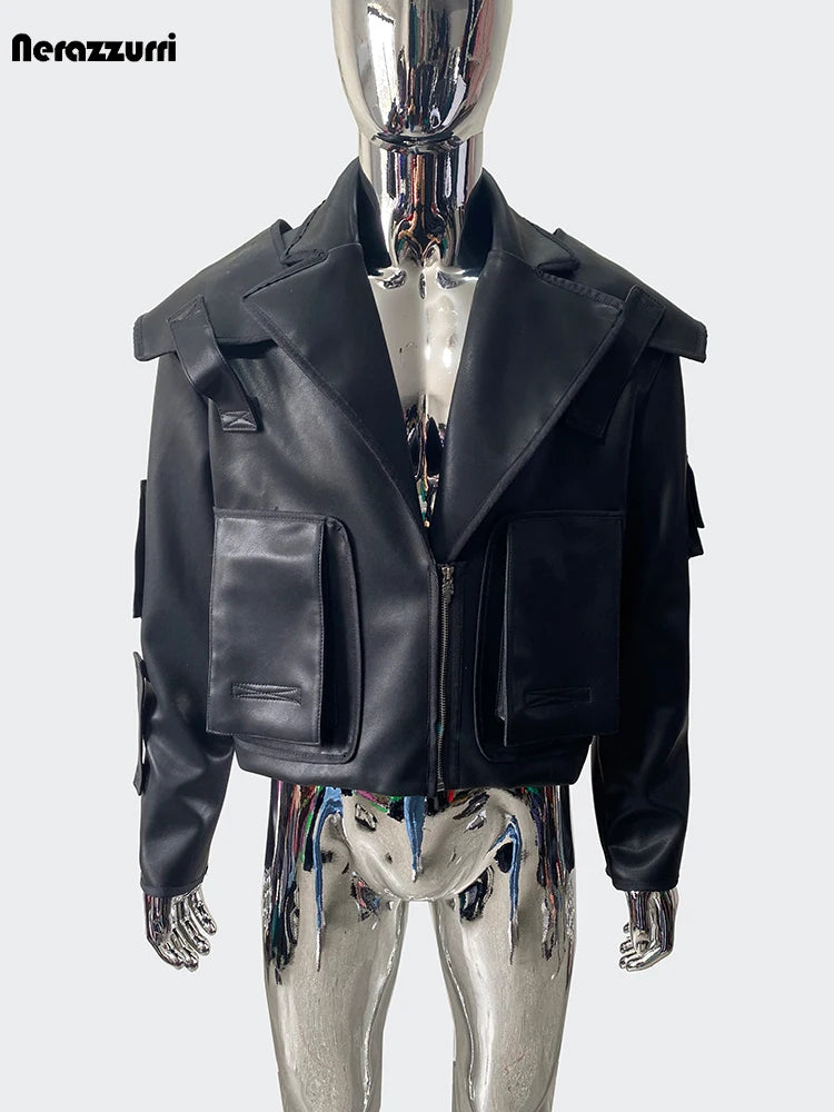 Nerazzurri Herren PU-Lederjacke kurz – Coole Emo & Streetstyle Blazer-Jacke mit Reißverschluss und 3D-Taschen für Frühling & Herbst