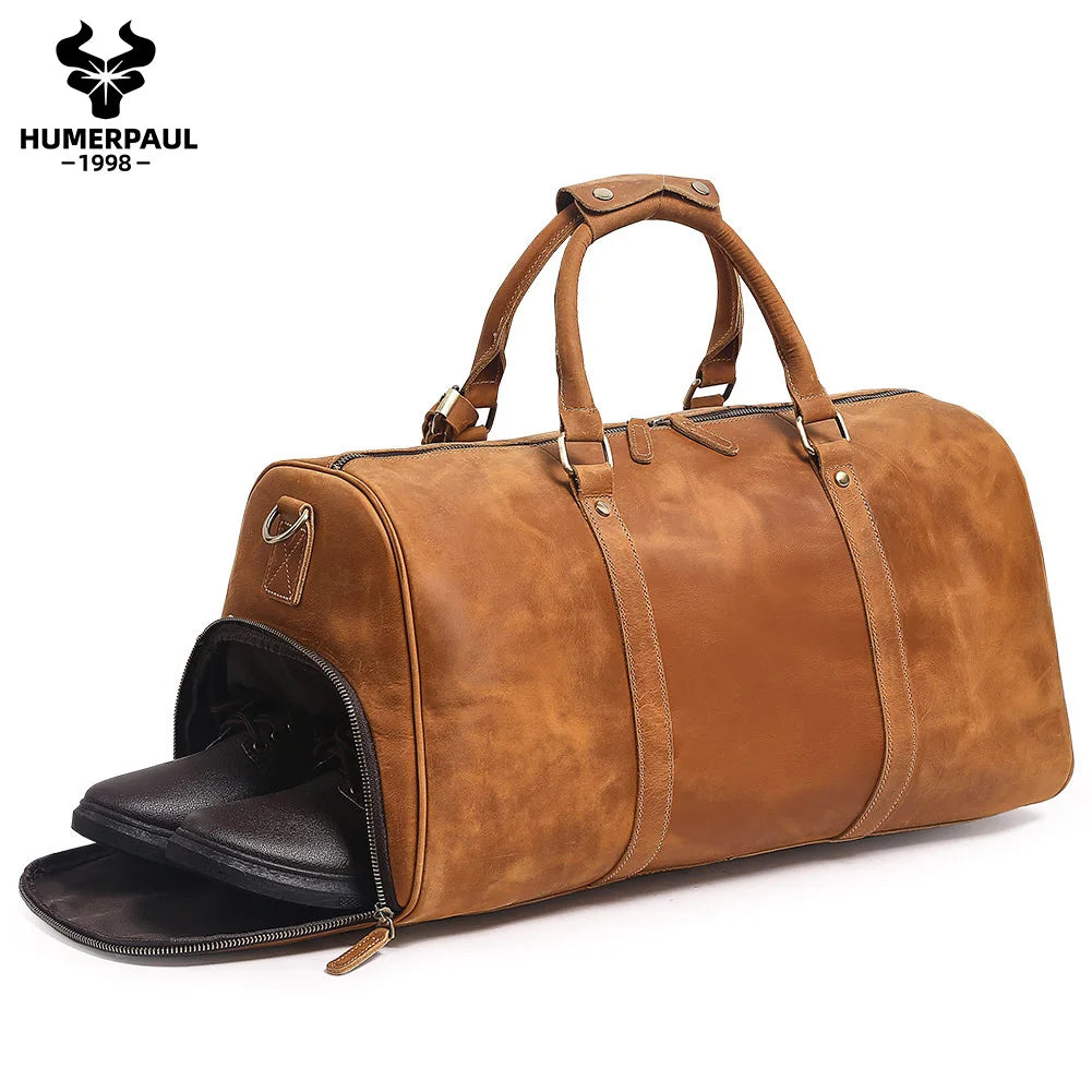HUMERPAUL Crazy Horse Leder Business Duffle Bag – Große Reisetasche aus Full-Grain Rindsleder mit 15-Zoll Laptopfach & Schuhfach