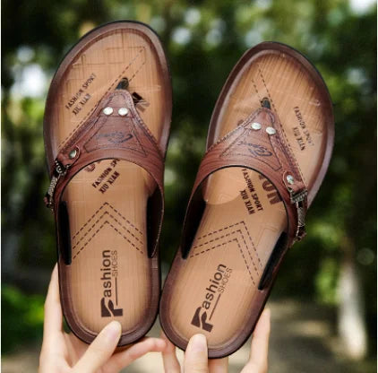 shijunyi Herren Lederslippers 2025 – Handgefertigte Flip-Flops, Sommerliche Outdoor- & Strand-Slipper, Atmungsaktiv und Komfortabel