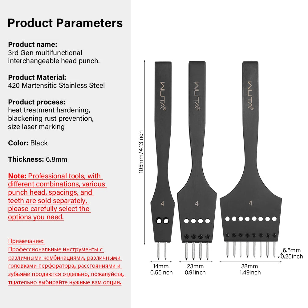 WUTA 3G Leder Pricking Iron mit Wechselkopf – Professionelles Lederlochwerkzeug aus 4Cr13 Stahl, Austauschbare Chisel- & Punch-Köpfe für DIY Lederarbeiten