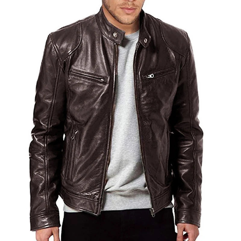 Herren Motorrad PU-Lederjacke – Casual Slim-Fit Bikerjacke mit Reißverschluss & Umlegekragen, winddichte Übergangsjacke für Frühling & Herbst