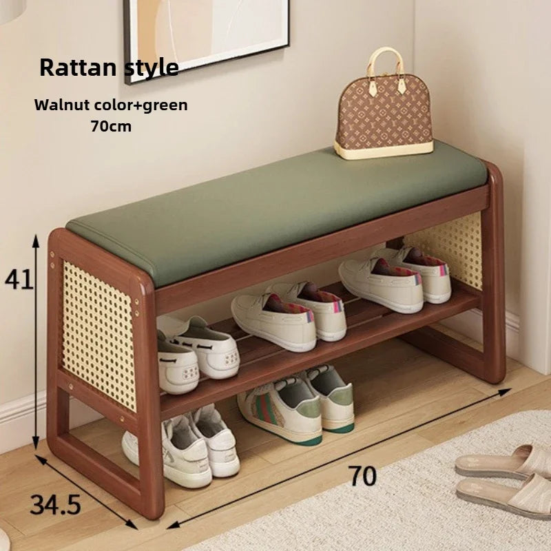 Geflochtener Schuhwechselhocker aus Massivholz – Sitzbarer Schuhhocker mit mehrlagigem Stauraum für Flur & Eingangsbereich