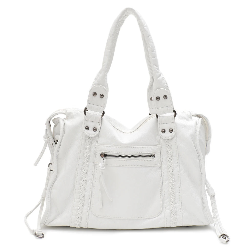 Vintage Tote Bag aus gewaschenem PU-Leder – Große Schulter- & Crossbody Tasche mit Zipperfächern, Flecht- & Quastendetails