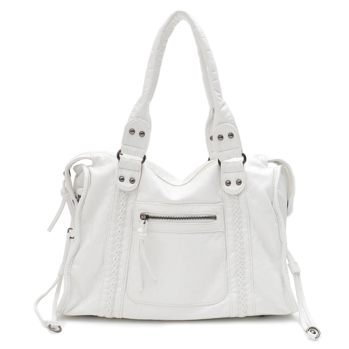 Vintage Tote Bag aus gewaschenem PU-Leder – Große Schulter- & Crossbody Tasche mit Zipperfächern, Flecht- & Quastendetails