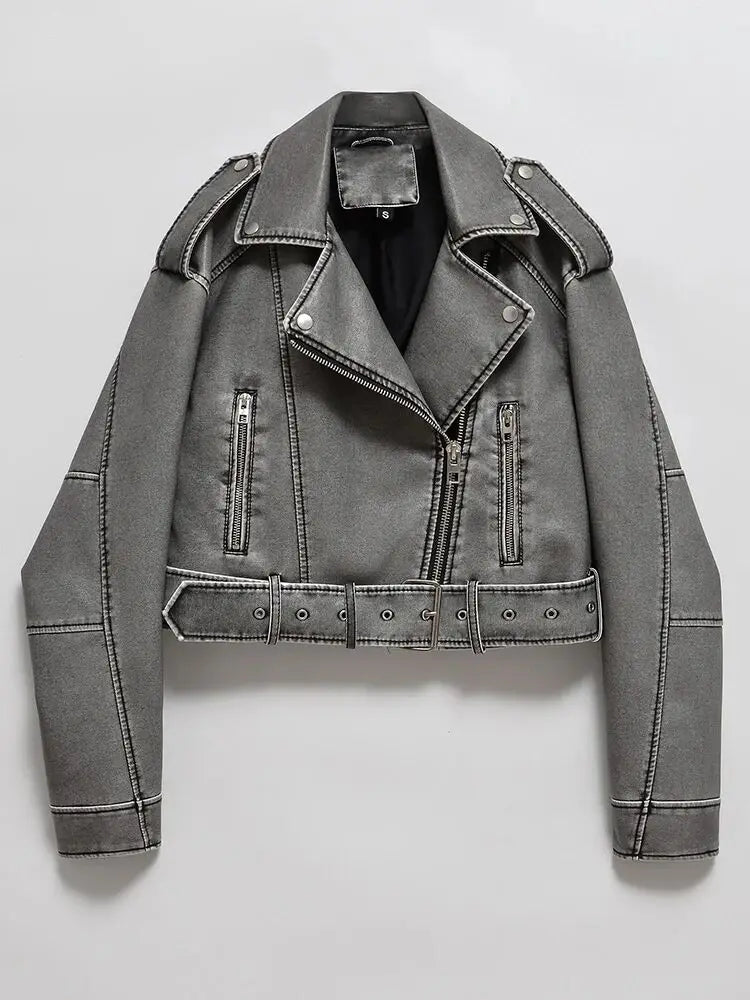 Damen Oversized Vintage PU Lederjacke – Kurze Biker Kunstlederjacke mit Gürtel & Reißverschluss, lässige Streetwear Moto Jacke