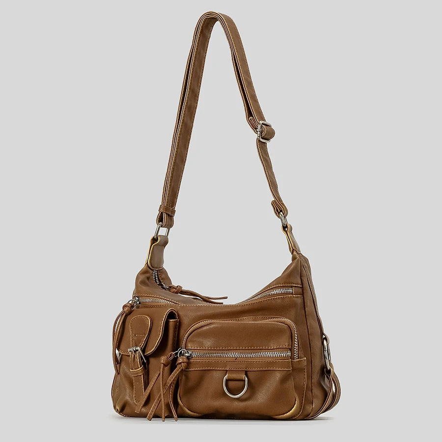 MR.YLLS Vintage Schultertasche für Damen – Bolso bandolera de cuero de PU con mehreren Fächern, Retro Y2K Motorrad-Tasche 2024