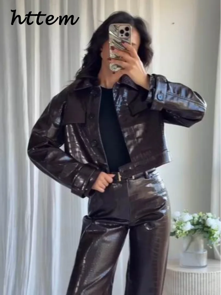 HIGH STREET Damen Leder Zweiteiler 2025 – Cropped Jacke mit Revers & Taschen, gerade Hose, moderner Herbstanzug