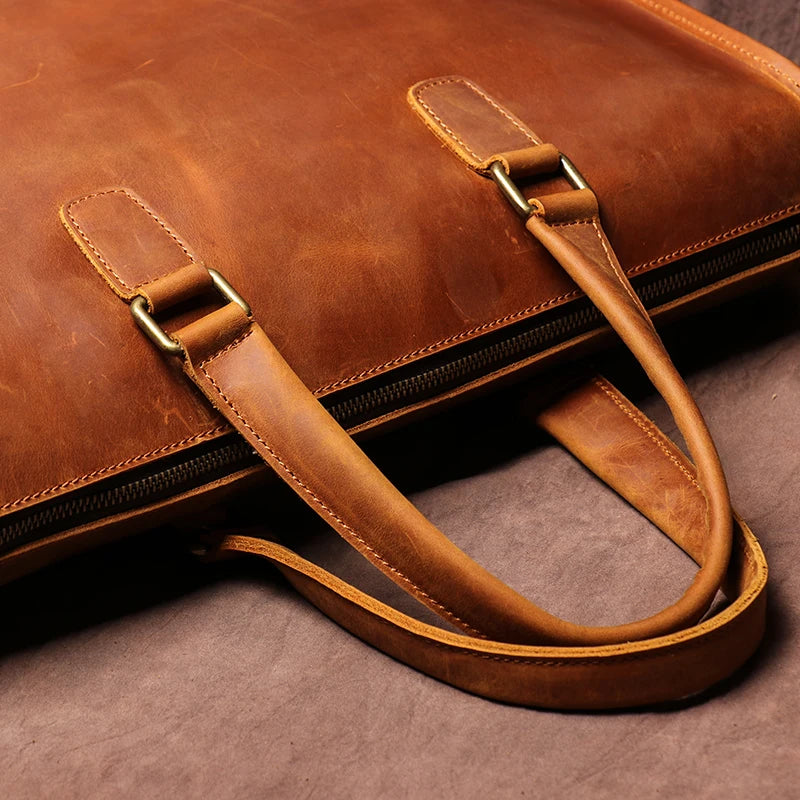 LUOKIR Herren Leder-Aktentasche – Maletín vintage de piel de vaca Crazy Horse para portátil de 14"