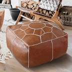 Marokkanischer PU Leder Pouf Bezug – Runde & rechteckige Ottoman-Hülle mit Stickerei, ungefüllt, 50 cm für Wohnzimmer & Futon