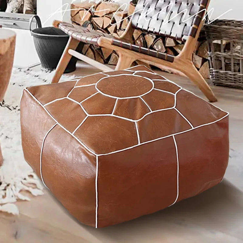 Marokkanischer PU Leder Pouf Bezug – Runde & rechteckige Ottoman-Hülle mit Stickerei, ungefüllt, 50 cm für Wohnzimmer & Futon