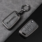 Premium Autoschlüssel Hülle aus Metall &amp; Leder für Skoda Kamiq - Faltbares Keyless Key Case Cover mit Schlüsselanhänger
