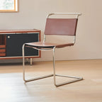 Freischwinger Stuhl aus Edelstahl &amp; Sattelleder – Silla cantilever moderna de la Bauhaus con brazos para Esszimmer &amp; Wohnzimmer