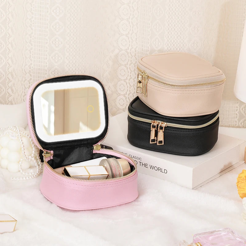 Sac de maquillage en cuir PU avec miroir LED – Sac cosmétique de voyage portable avec miroir de beauté et de rangement