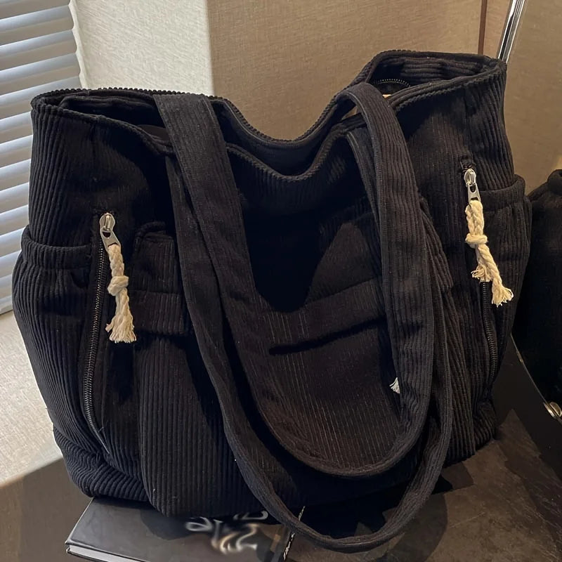 Cord Schultertasche für Damen – Grand sac fourre-tout décontracté avec cordon avec de nombreuses poches, idéal pour les voyages et les voyages