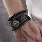Punk Leder Wickelarmband mit Gitarren- & Unendlichkeits-Symbol – Geflochtenes Vintage Armband mit Holzperlen, Ethno Tribal Wristband für Damen & Herren