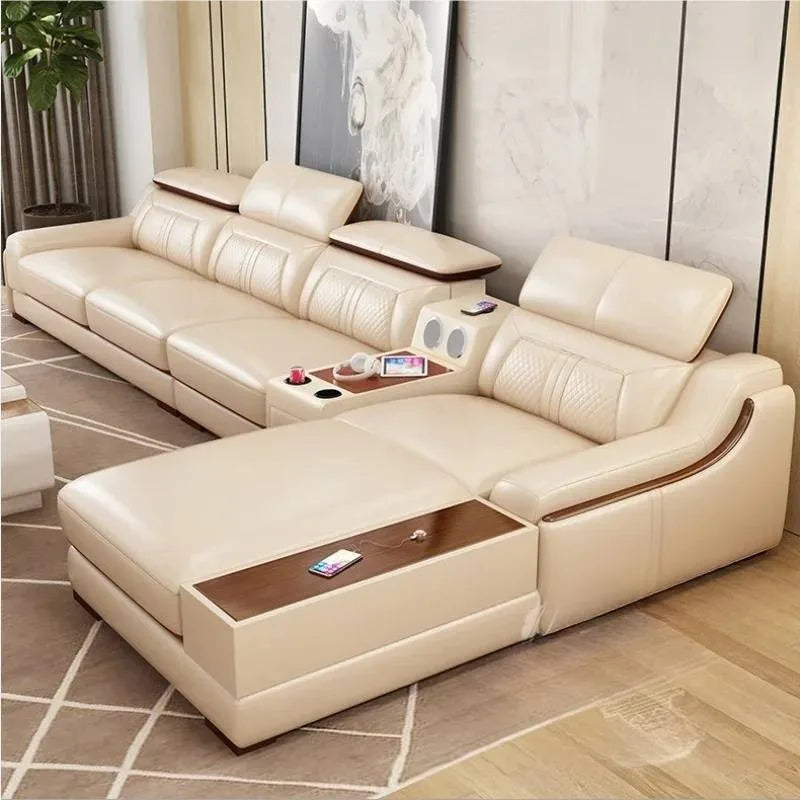 Nordisches Designer Leder Ecksofa – Modernes L-Form Sofa aus echtem Leder mit Relaxfunktion & Stauraum für das Wohnzimmer