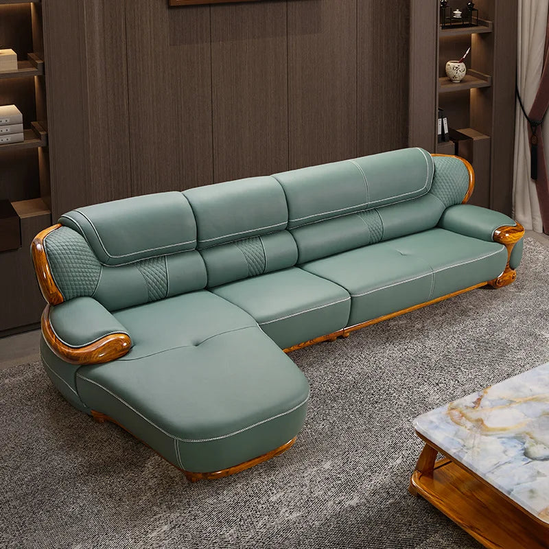 Modernes Luxus Ecksofa aus Echtleder in Schwarz-Gold – Nouveau style chinois Wohnlandschaft mit Massivholzrahmen, Rindsleder Top-Grain