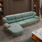 Modernes Luxus Ecksofa aus Echtleder in Schwarz-Gold – Nouveau style chinois Wohnlandschaft mit Massivholzrahmen, Rindsleder Top-Grain