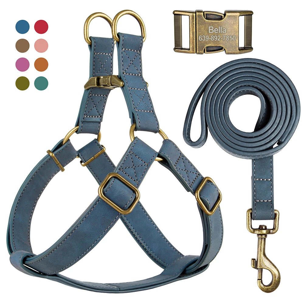 Cuir PU personnalisé pour chien avec chien – Graviertes ID-Schnallen-Geschirr et Vest-Set pour petits et petits chiens