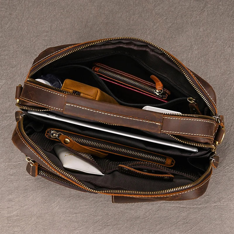 Luufan Herren Leder Aktentasche – Bolso bandolera vintage de piel Crazy Horse para iPad y oficina 