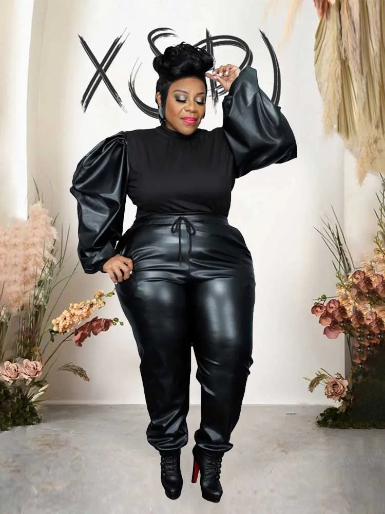 Damen Plus Size Zweiteiler Herbst & Winter – Patchwork Set aus PU & Strick mit Oberteil und Lederlook-Hose, Große Größen 2XL–5XL