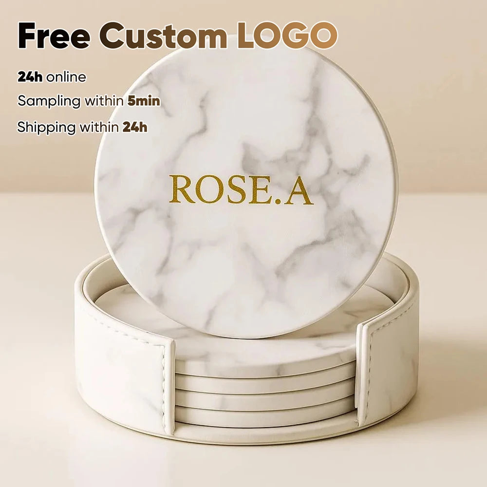 6er-Set personalisierte Leder-Marmor Untersetzer – Runde, hitzebeständige Getränkeunterlagen mit kostenloser Gravur für Kaffee & Tee