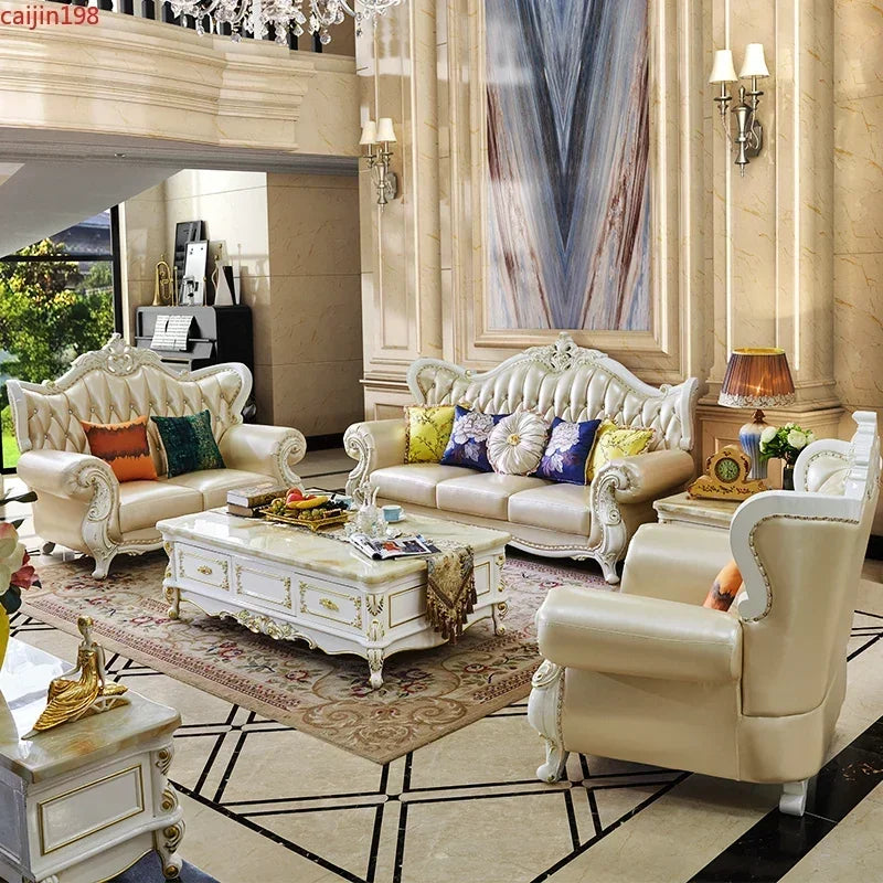 Europäisches Leder-Ecksofa aus Massivholz – Modulares L- oder U-Form Sofa im Retro-Modern-Stil für Wohnzimmer, Apartment & Villa