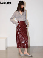 Lautaro Damen Midi Bleistiftrock aus glänzendem PU Leder – High-Waist Patent Lederrock, falda lápiz lujosa para oficina y hierbas/frutas