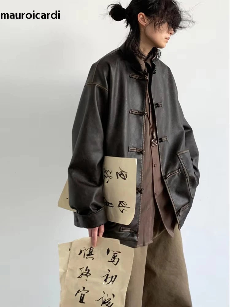 Mauroicardi Herren Oversized PU Lederjacke – Vintage Distressed Designerjacke mit Stehkragen im chinesischen Stil für Frühling & Herbst