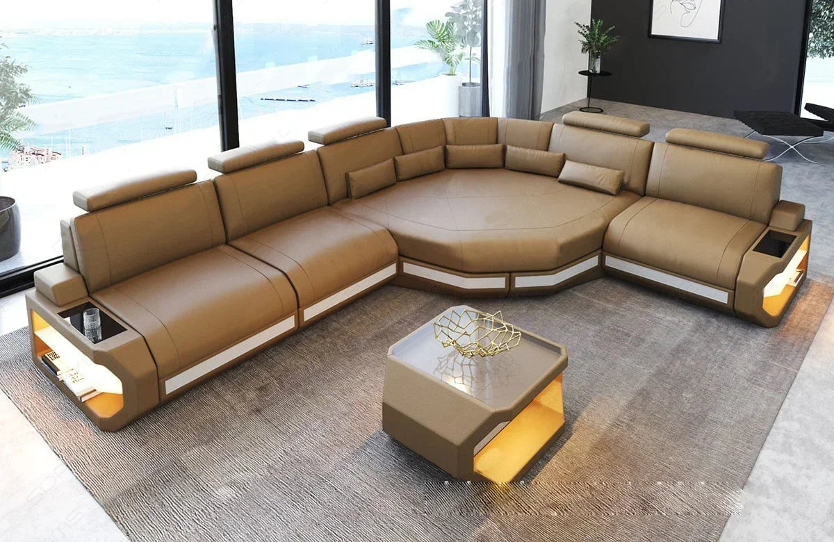 Modernes U-Form LED Leder-Ecksofa mit App-Steuerung – Multifunktionales Schlafsofa mit Stauraum, individuell konfigurierbare Wohnlandschaft