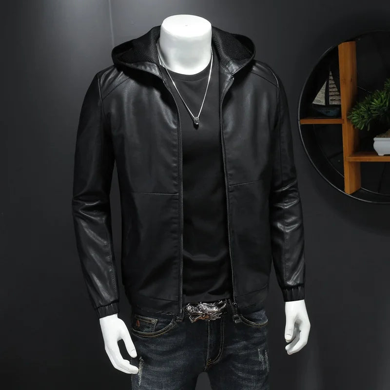 Herren PU-Lederjacke mit Kapuze – Schwarze Motorradjacke im Casual Streetwear Style für Herbst & Winter