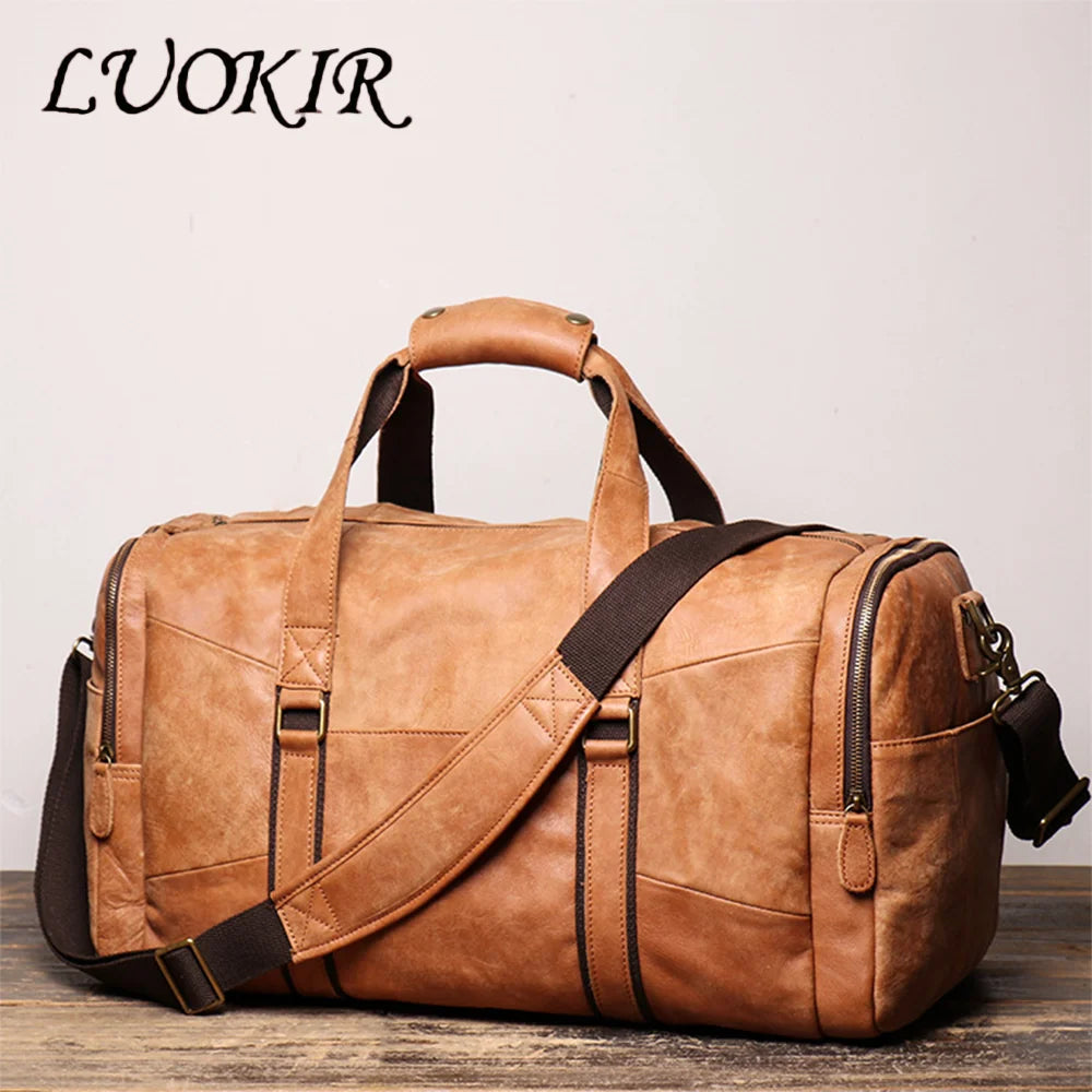 LUOKIR Retro Leder Reisetasche aus echtem Rindsleder – Große Cowhide Duffle Bag als Handtasche & Crossbody, Unisex Reise- und Weekender Tasche