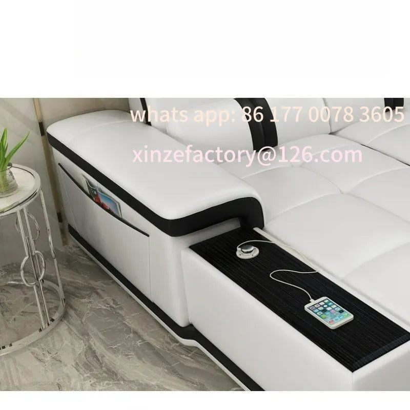 Modernes Luxus Leder-Ecksofa mit Schlafunktion – Smart Couch en L avec Bluetooth, Lautsprecher, USB &amp; Getränkehaltern, barre de configuration individuelle