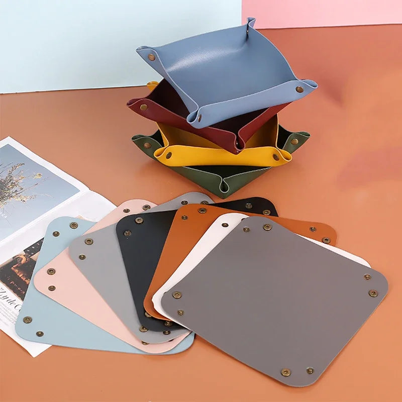Nordische PU Leder Ablageschale 15 × 15 cm – Faltbare Desktop Storage Box für Schmuck, Kosmetik & Schlüssel