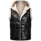 Winter Men's Fleece Warm PU Leather Vests Classical Men Faux Fur Motorcycle Leather Vests Men Windbreaker Hooded Vests Clothing