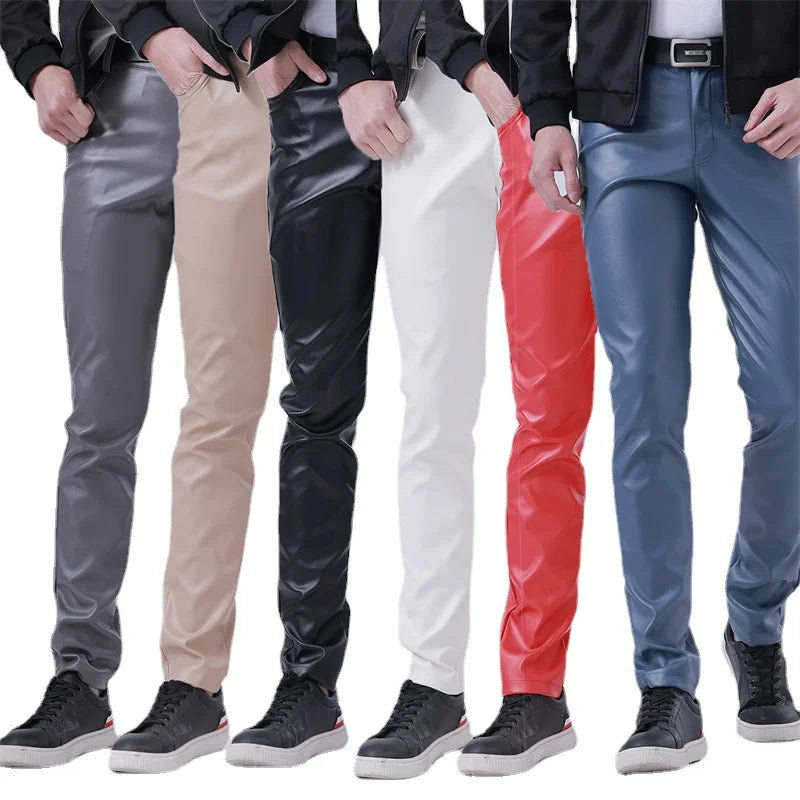 Herren PU Lederhose 2025 – Leichte Slim Pencil Pants in Schwarz & Rot, elastische Bühnen- & Freizeit-Lederhose für Bar, KTV & Performance