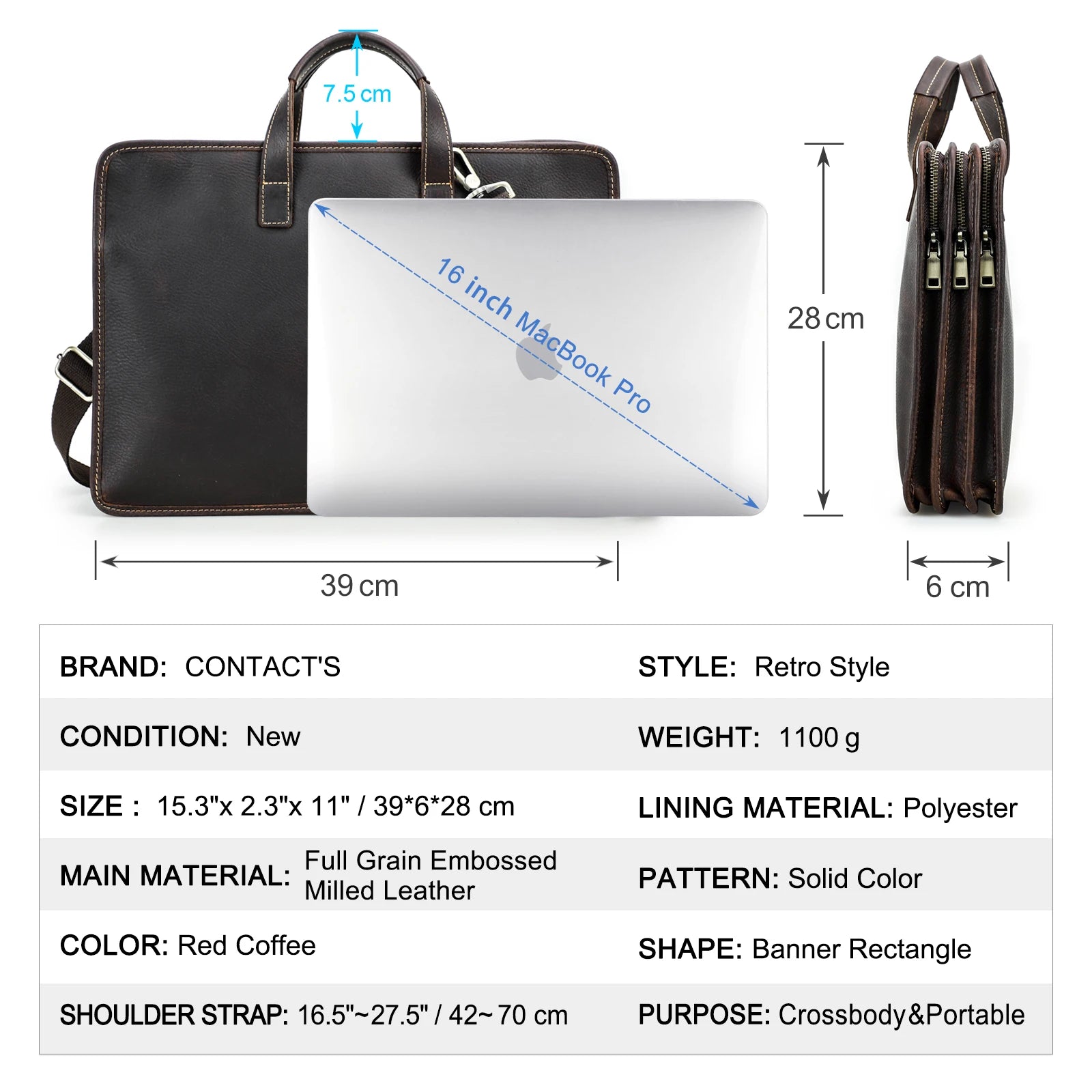 CONTACT'S Herren Leder Sling Maletín – Vintage Business Schultertasche para portátiles de hasta 16"