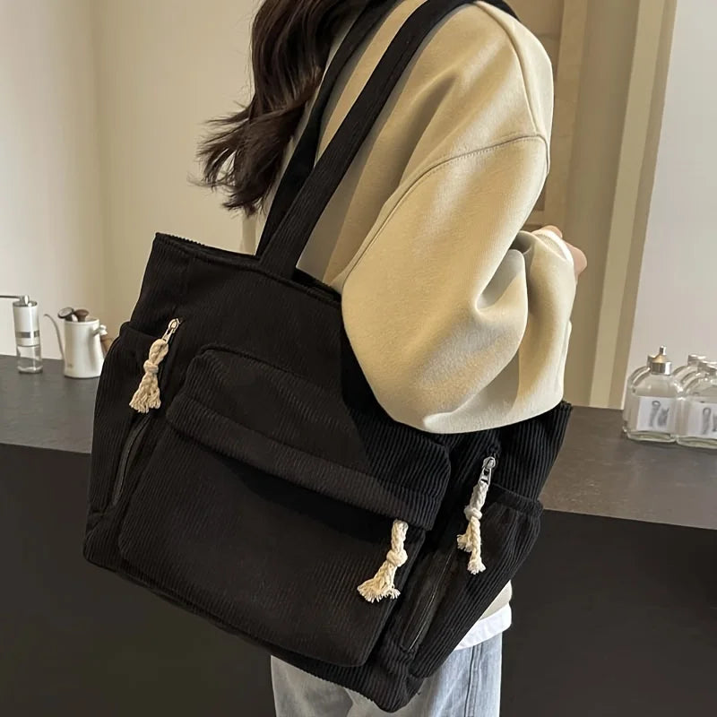 Cord Schultertasche für Damen – Grand sac fourre-tout décontracté avec cordon avec de nombreuses poches, idéal pour les voyages et les voyages