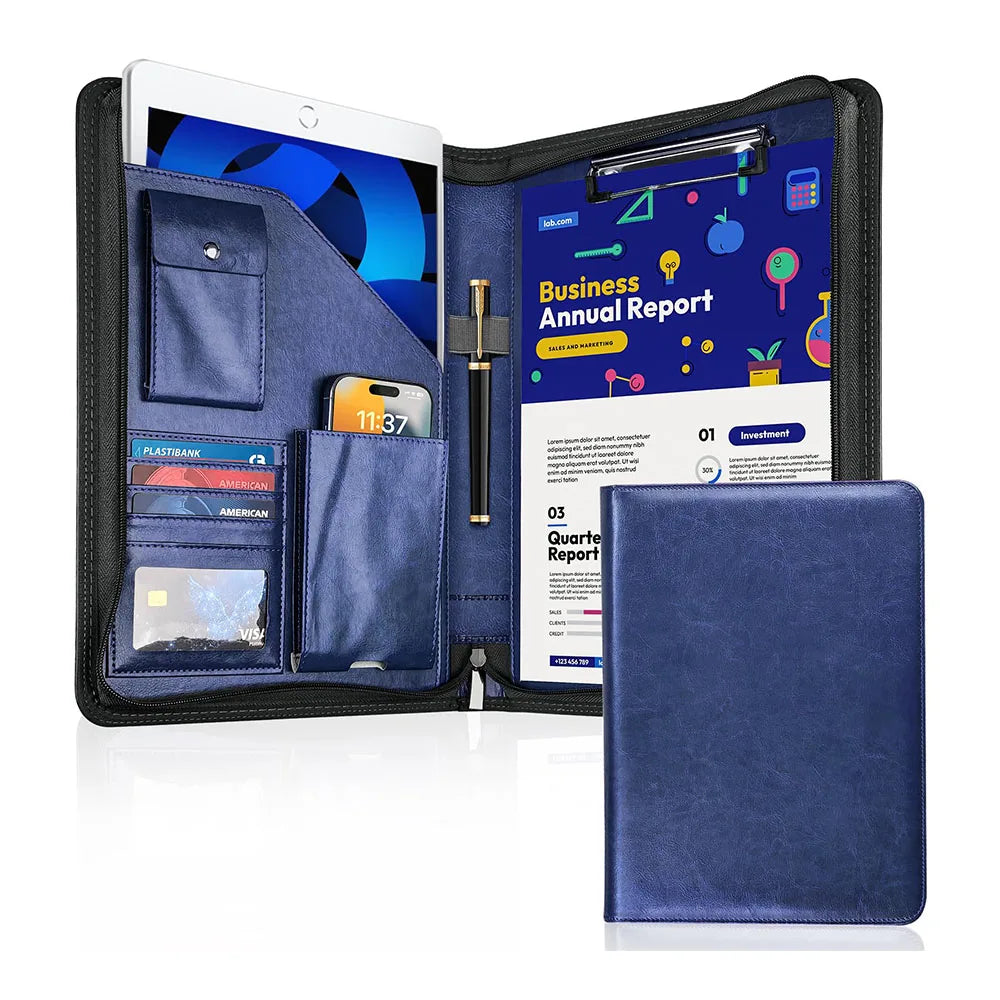Organizador de carpetas de cuero A4 con Reißverschluss – Business Portfolio &amp; Dokumentenmappe 10,2 Zoll en azul
