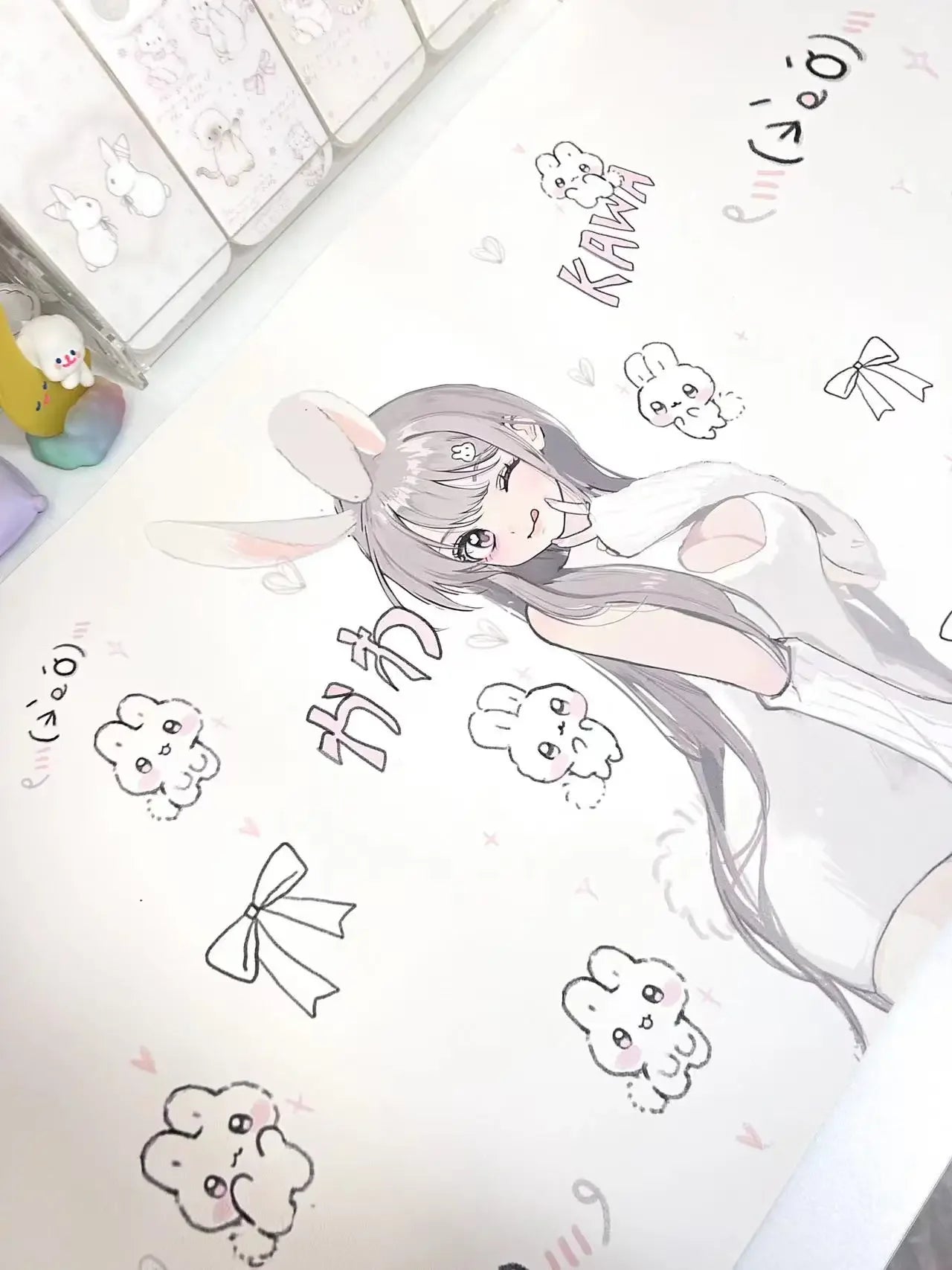 Girl Bunny PU Leder Schreibtischunterlage – Rutschfeste, Wasserdichte Desk Mat mit Kawaii Design für Büro, Homeoffice & Gaming